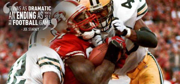 Photo of Niners vs Packers football with Terrell Owens catching the ball and the caption